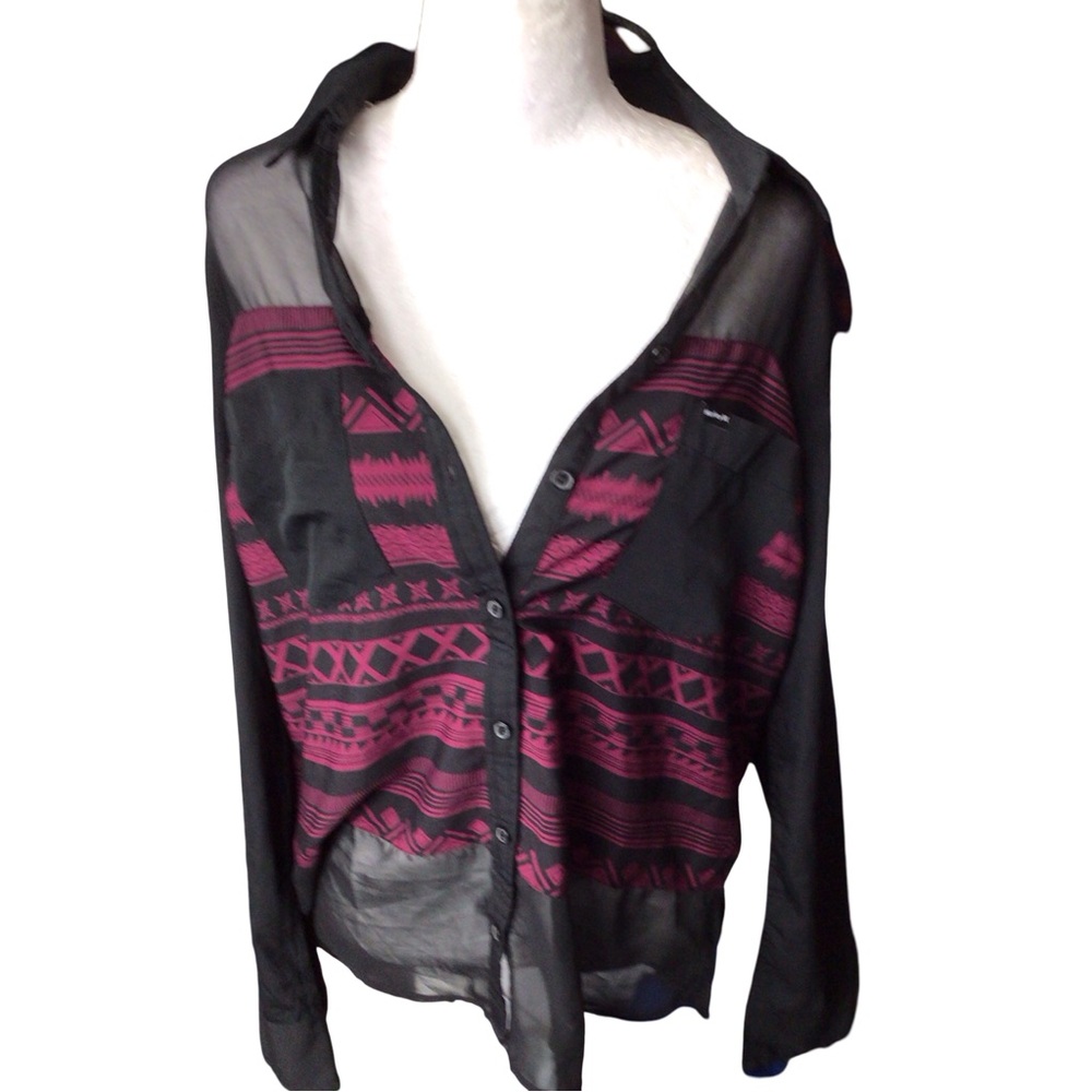 Vintage Hurley Black and Pink Sheer Button Down Shirt